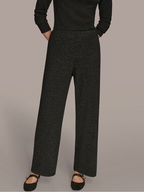 NEW!! Donna Karan Black Wide-Leg Metallic Rib Knit Pants